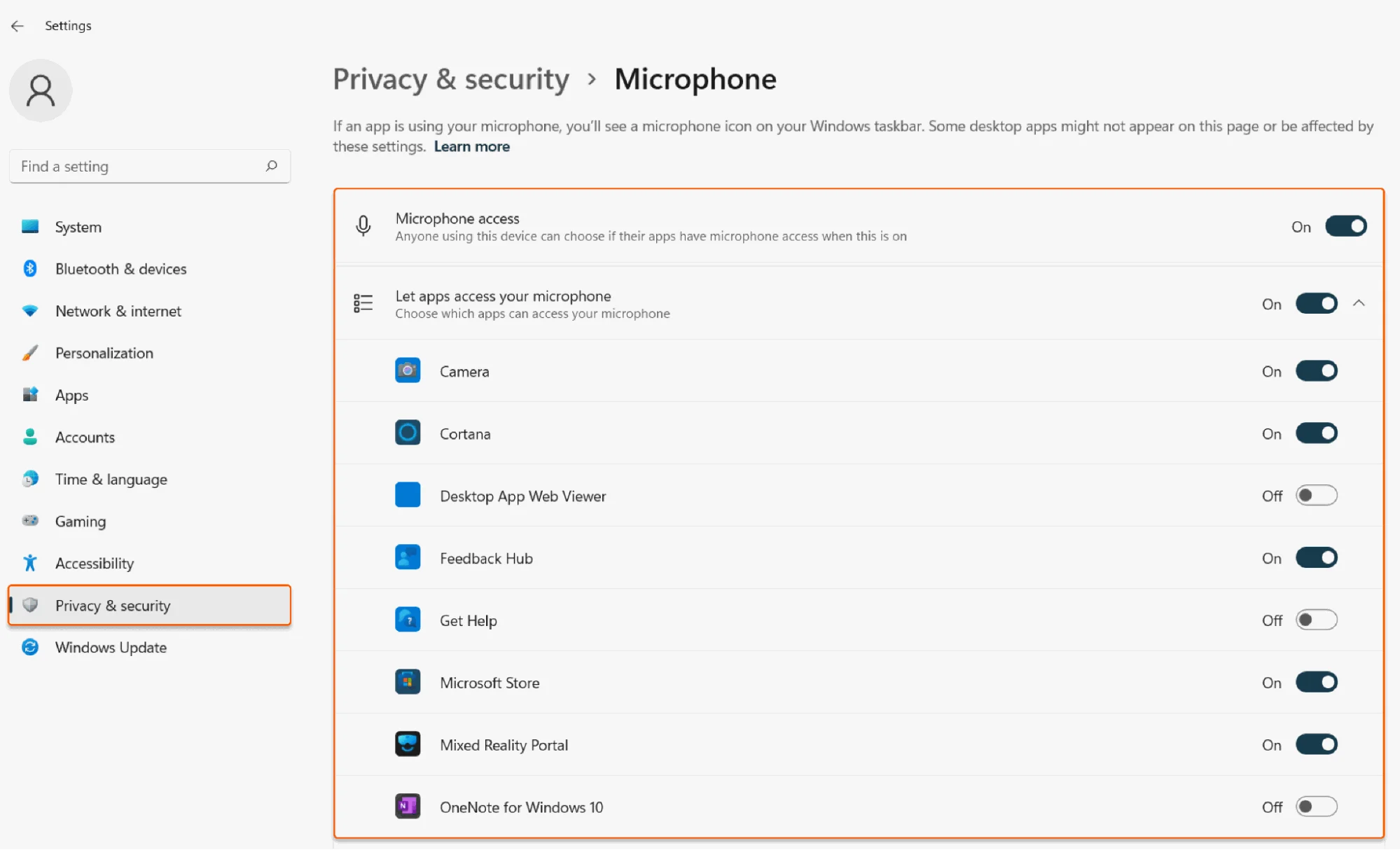 Camera or Microphone Windows sections