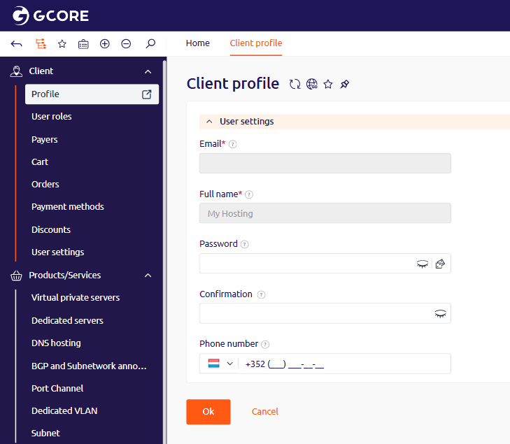 Client profile page with Password and Confirmation fields