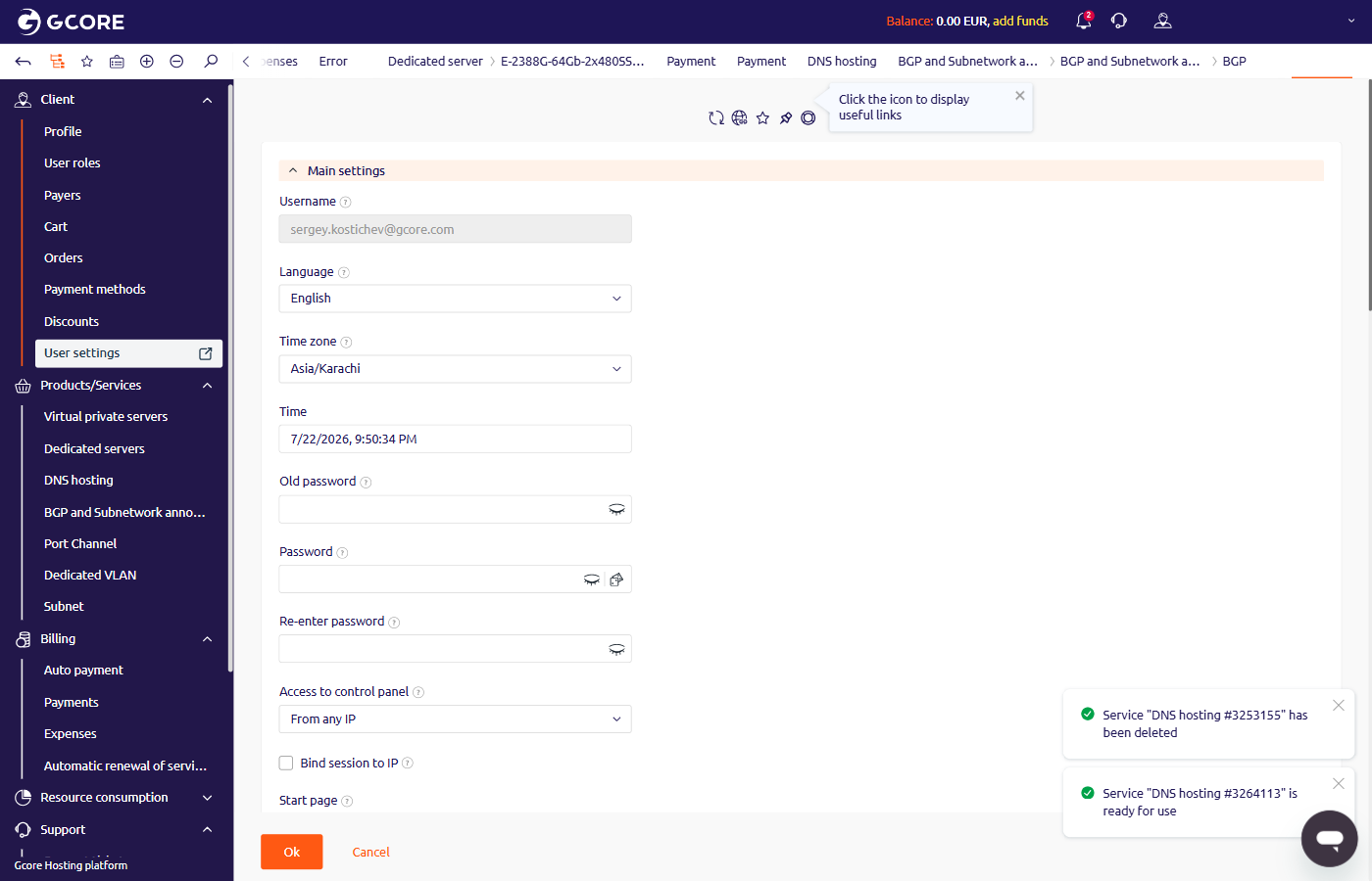 User settings page in the Client section