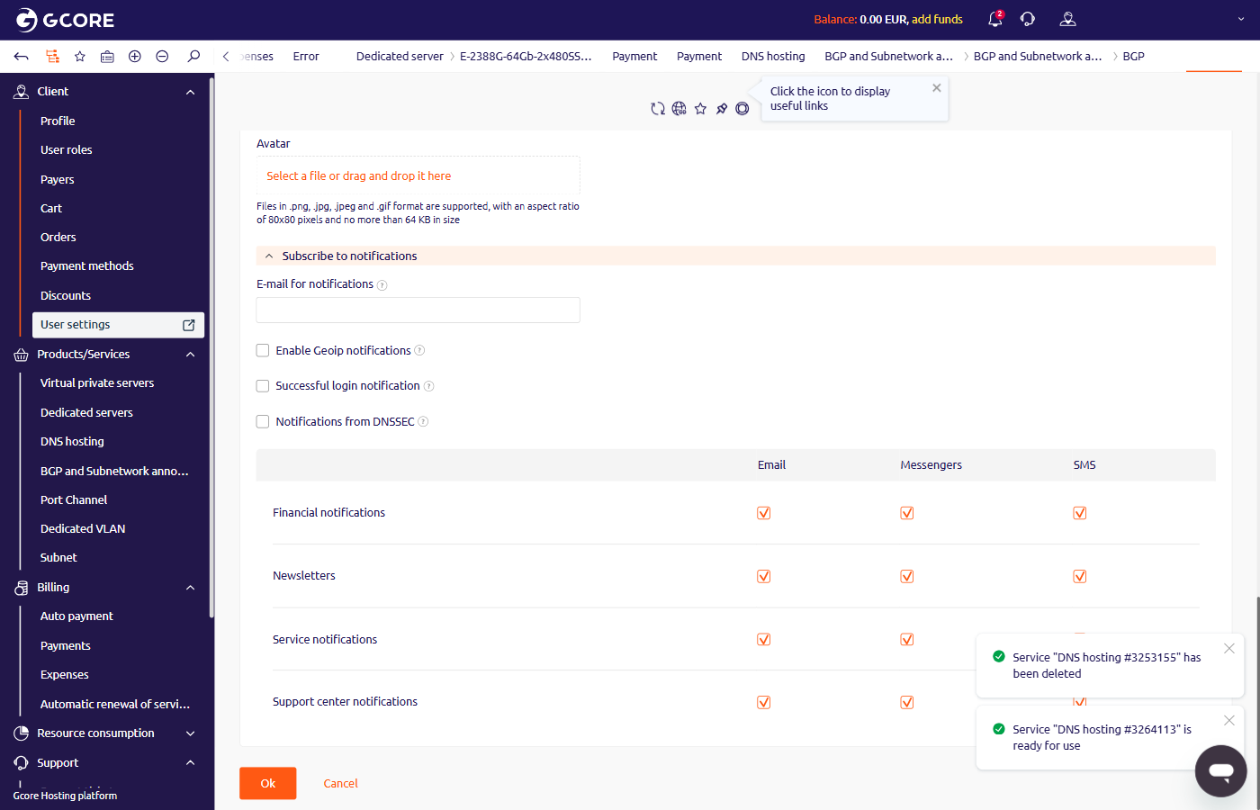 Subscribe to notifications section with delivery channel checkboxes