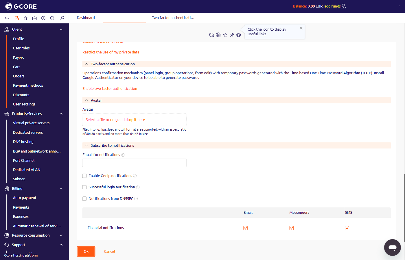 User settings page with the Two-factor authentication section and Enable link