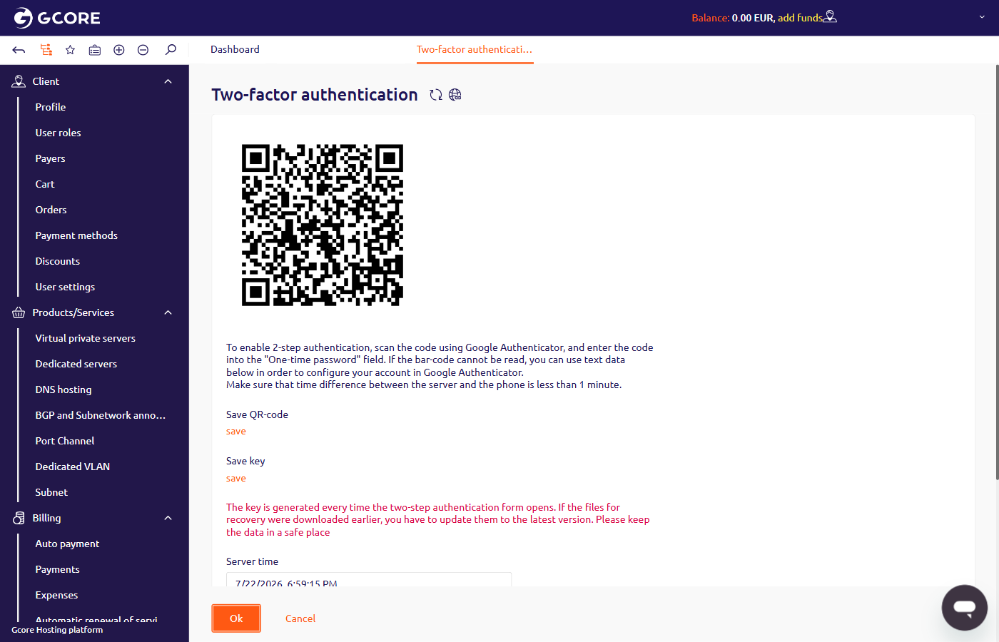 Two-factor authentication setup form showing QR code, Key, and Temporary password fields