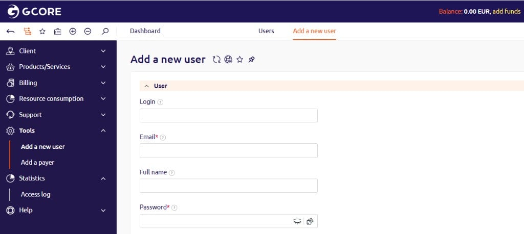 Add new user form with email, password, login, role, and avatar fields