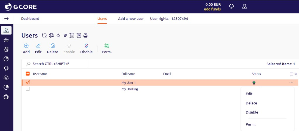 Users list with a selected user and context menu showing Edit, Delete, Disable, and Perm. options