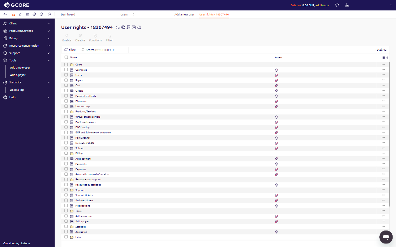 User rights page showing permission sections with Enable, Disable, Functions, and Filter buttons in the toolbar