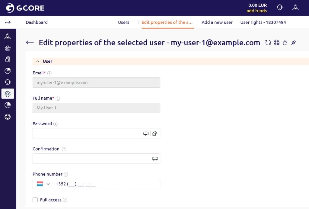Edit user form showing Email, Full name, Password, and Full access checkbox fields