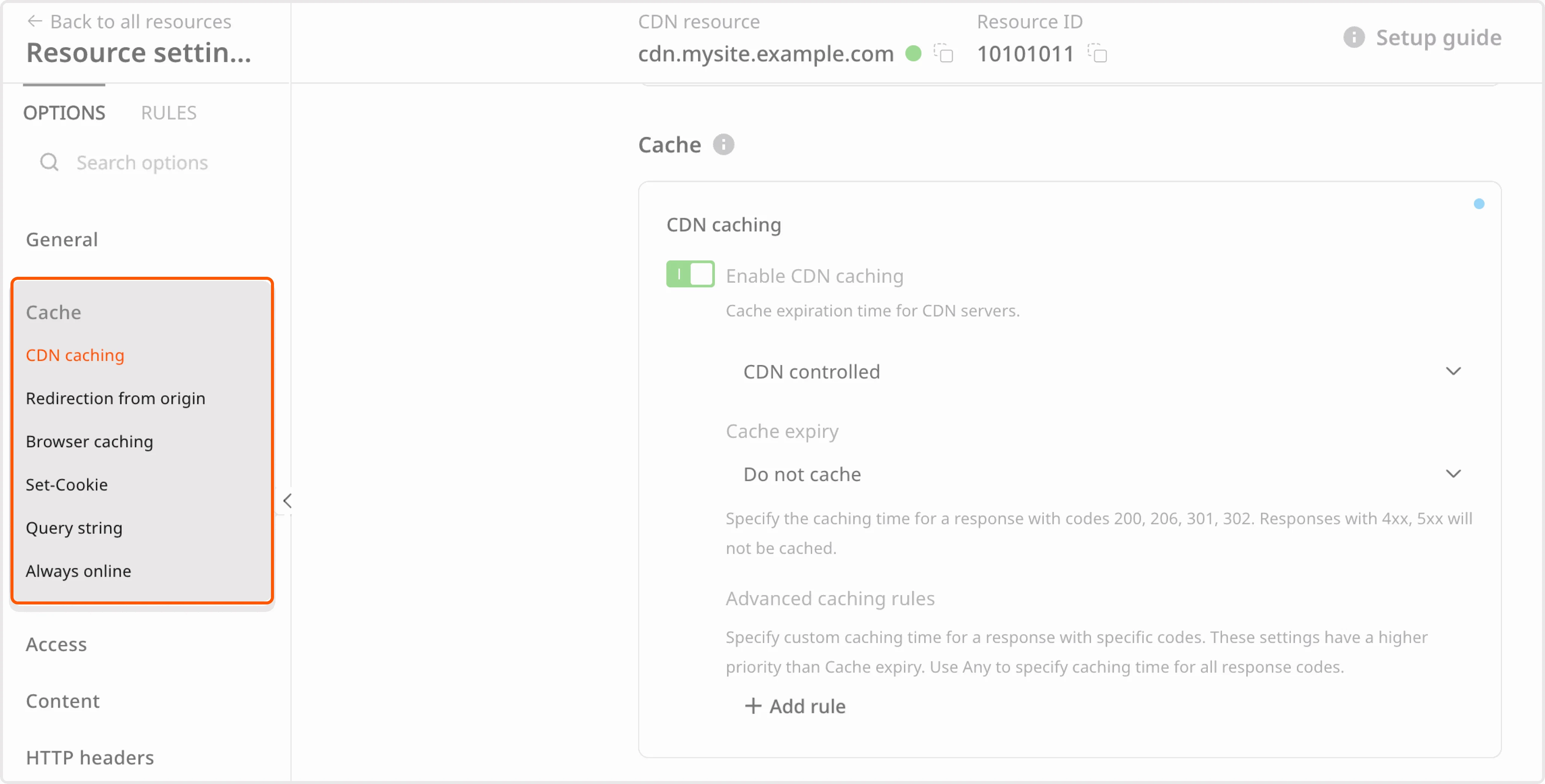 CDN cache settings