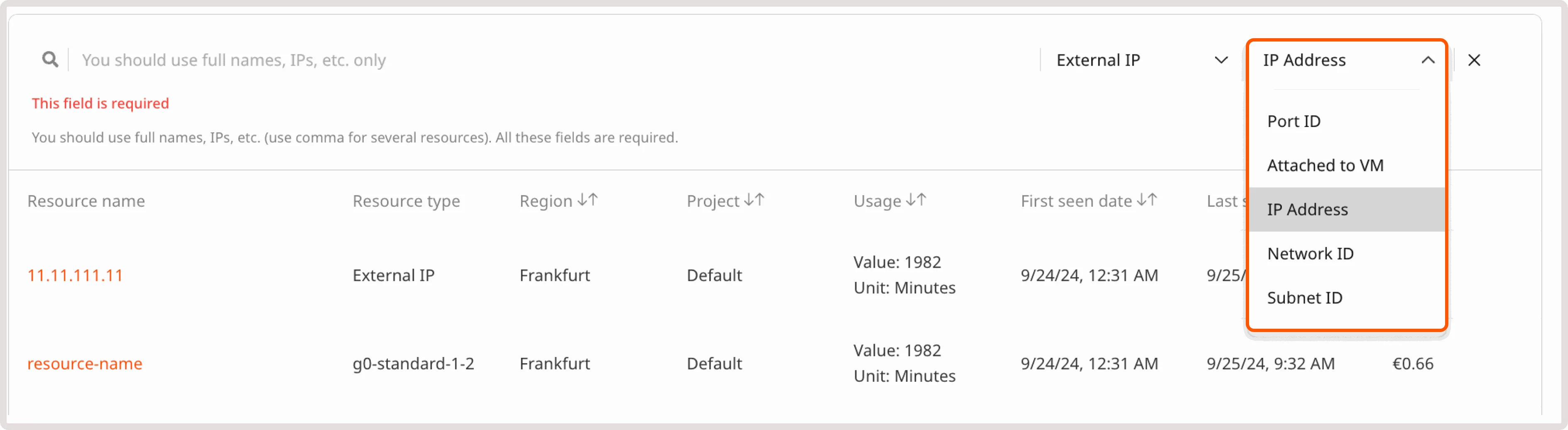 Resource attribute dropdown with IP Address selected