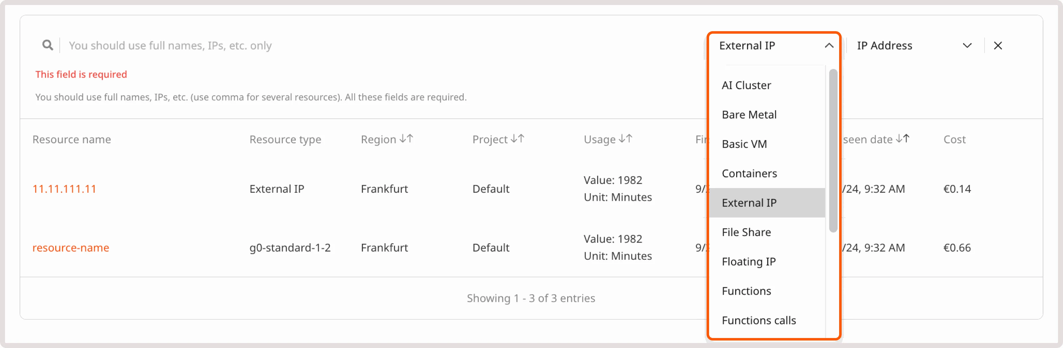 Resource type dropdown with External IP selected
