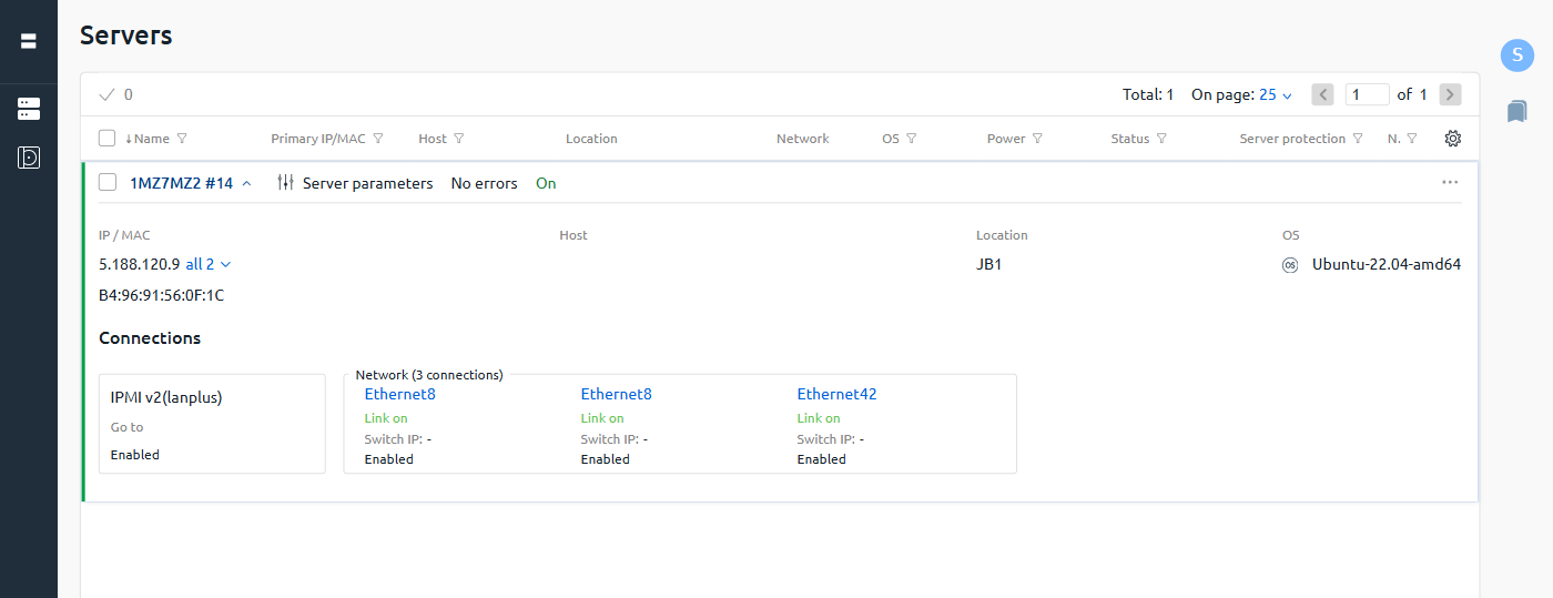 DCImanager server detail panel showing IPMI connection with Go to link