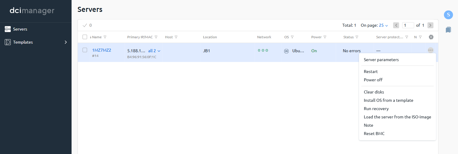 DCImanager server list with the three-dot context menu open, showing the Install OS from a template option