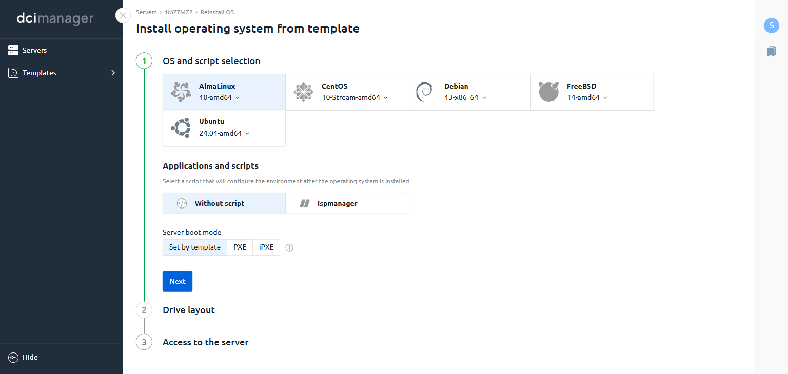 Install operating system from template wizard showing OS options including AlmaLinux, CentOS, Debian, FreeBSD, and Ubuntu