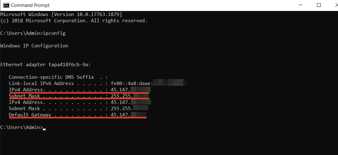 Windows ipconfig output showing IP details