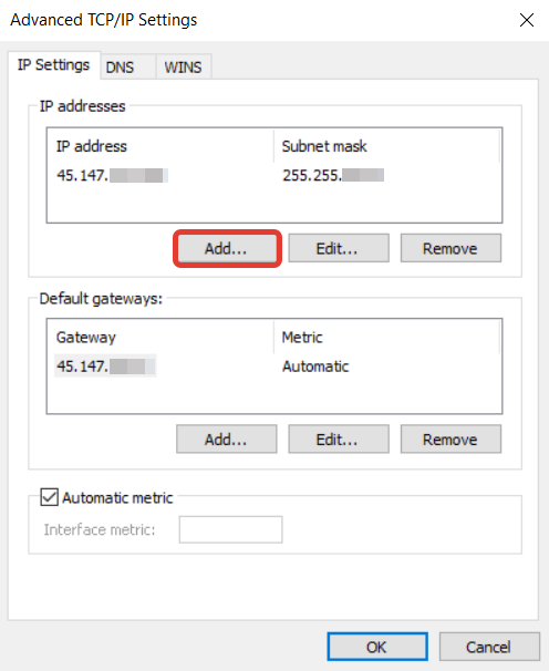 Windows IP Settings tab with Add button