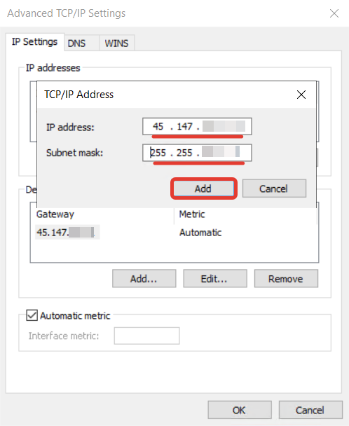 Windows Add IP address dialog