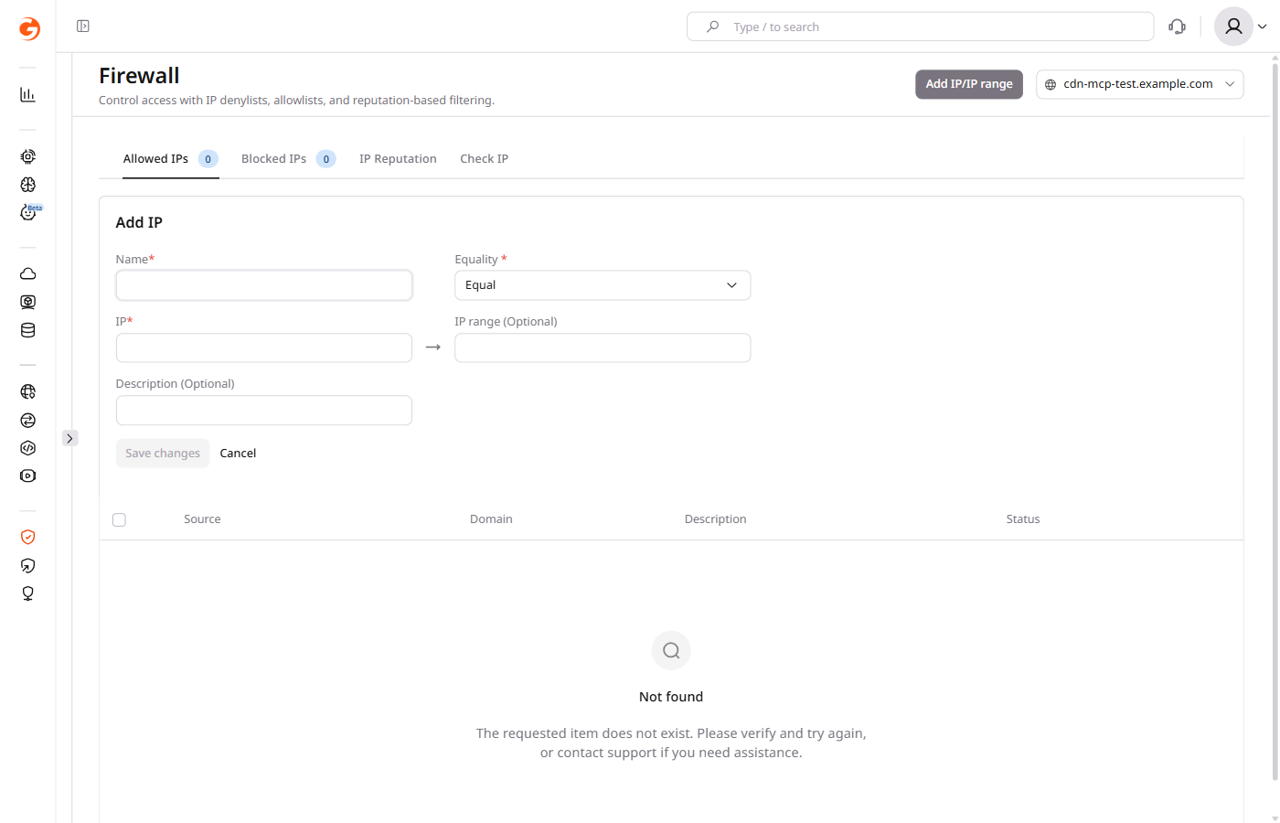 Add IP form with Name, Equality, IP, IP range, and Description fields
