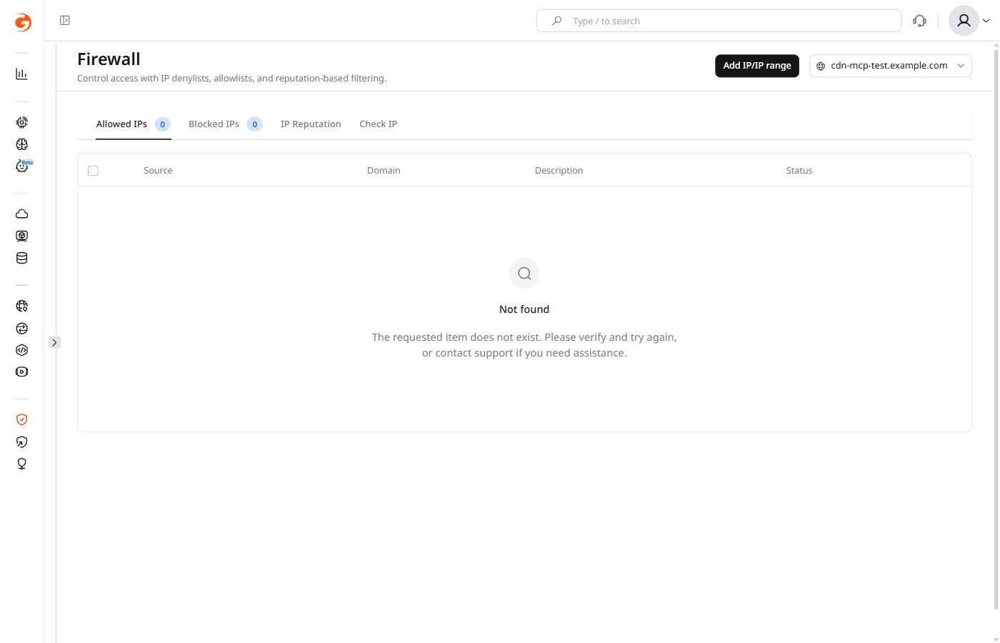 WAAP Firewall page showing Allowed IPs, Blocked IPs, IP Reputation, and Check IP tabs