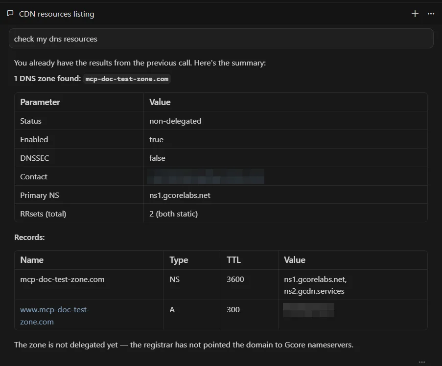 Cursor IDE returning DNS zone details via Gcore MCP Server
