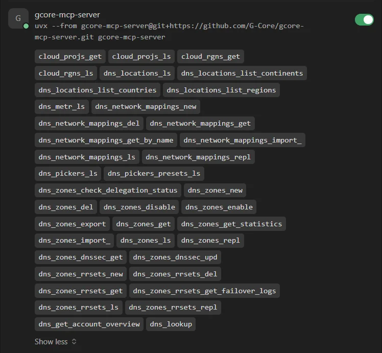 Gcore MCP Server connected in Cursor IDE settings with dns.* tools listed