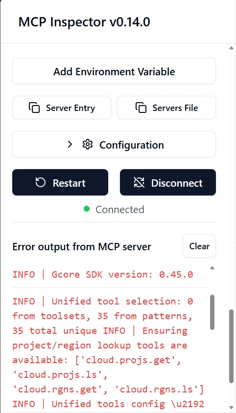 MCP Inspector server log showing Connected status and INFO logs with HTTP requests to Gcore API