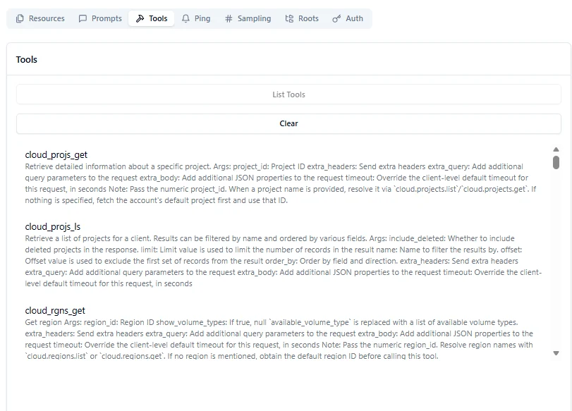 MCP Inspector Tools tab showing available Gcore DNS tools with descriptions