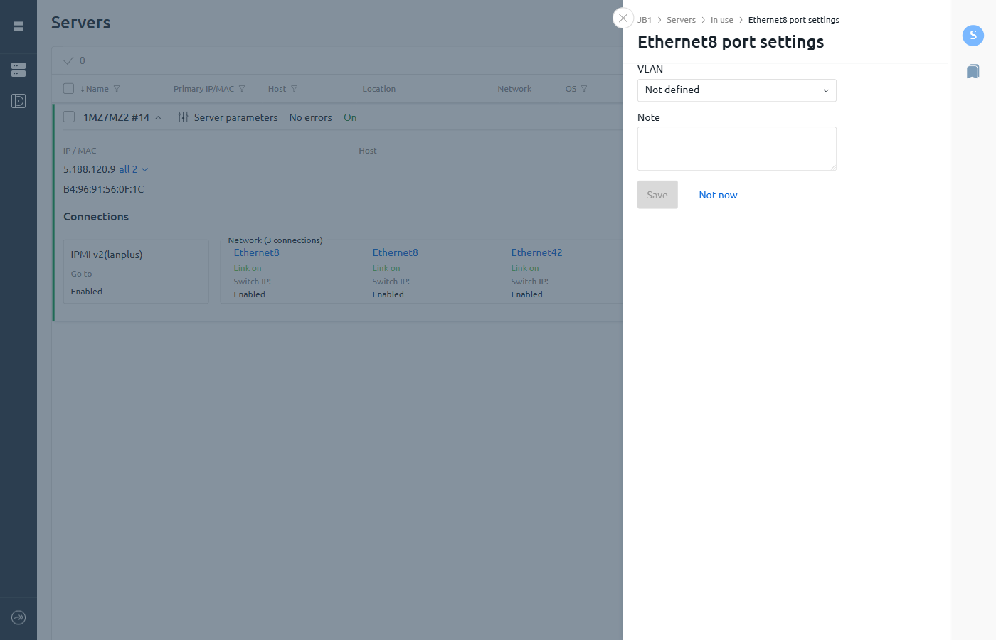 Ethernet8 port settings panel with VLAN dropdown showing Not defined and Note field