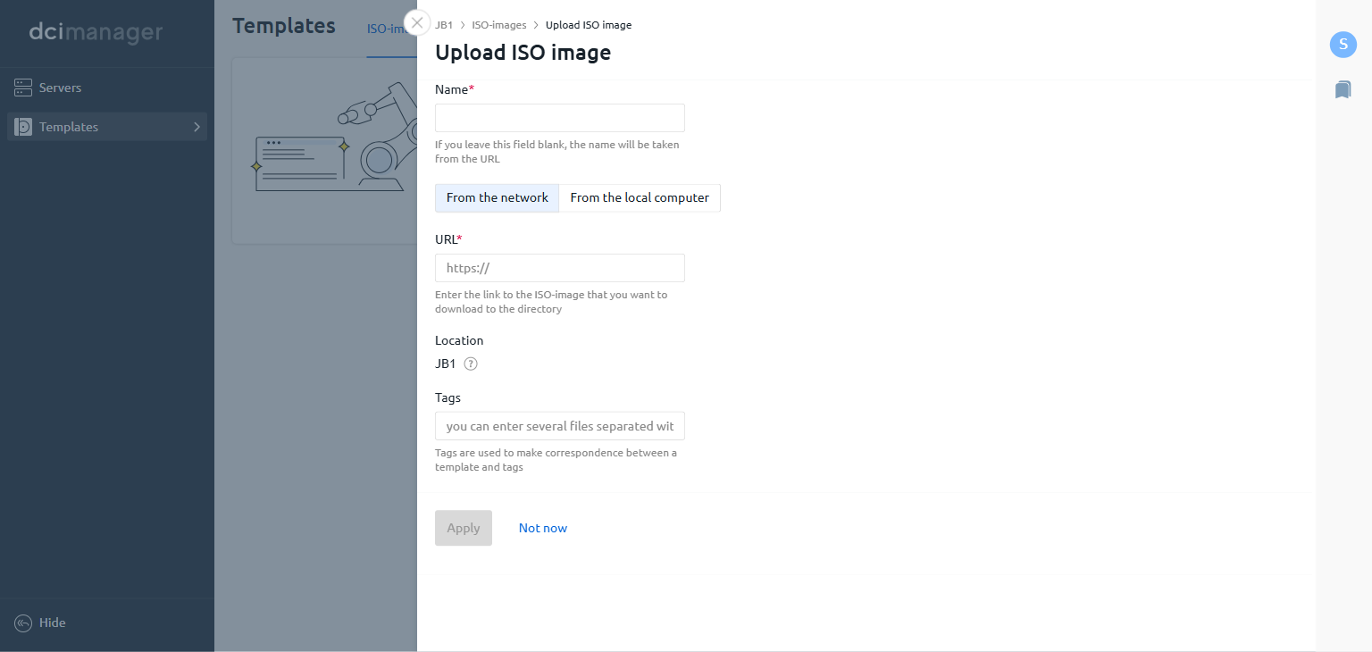 DCImanager Templates section with the ISO-images tab open showing the Upload ISO-image button