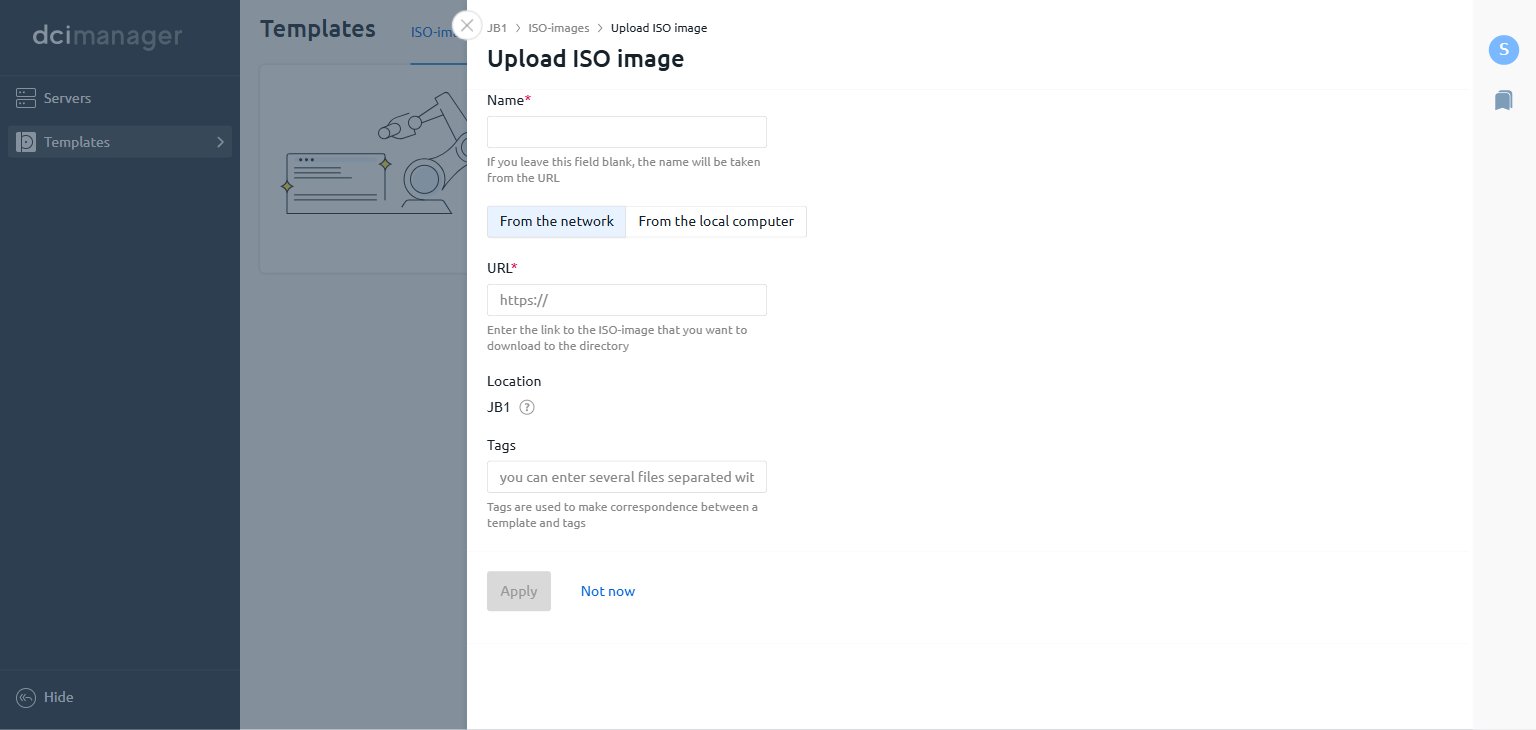 DCImanager Templates section with the ISO-images tab open showing the Upload ISO-image button
