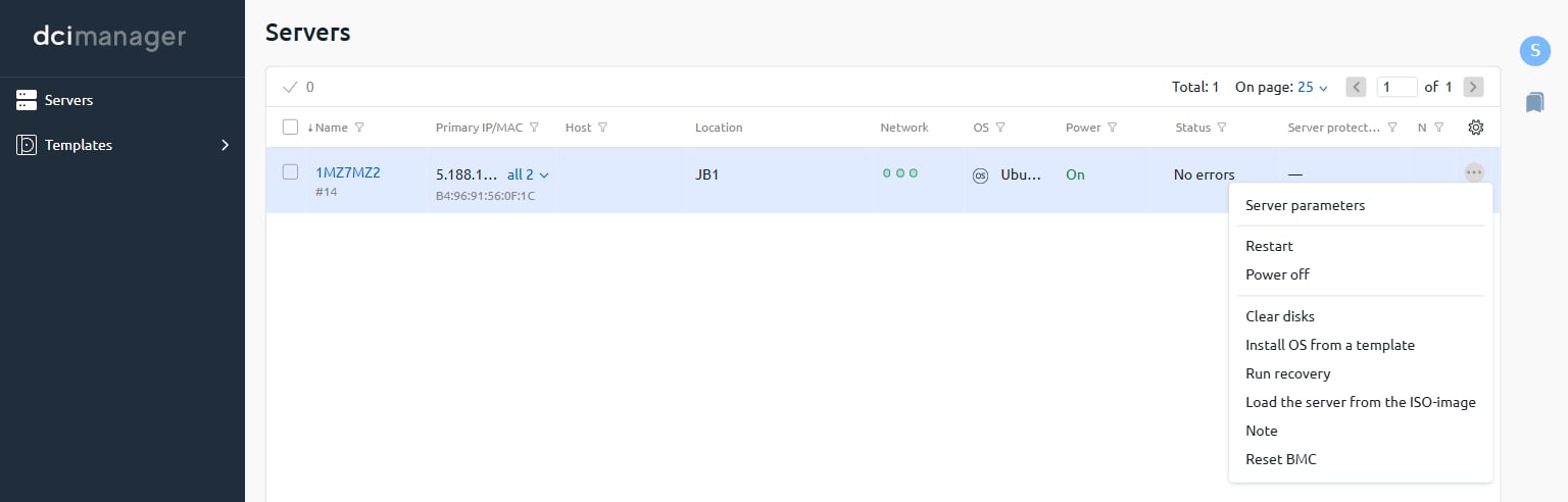 DCImanager Servers list with the row context menu open, showing Load the server from the ISO-image option
