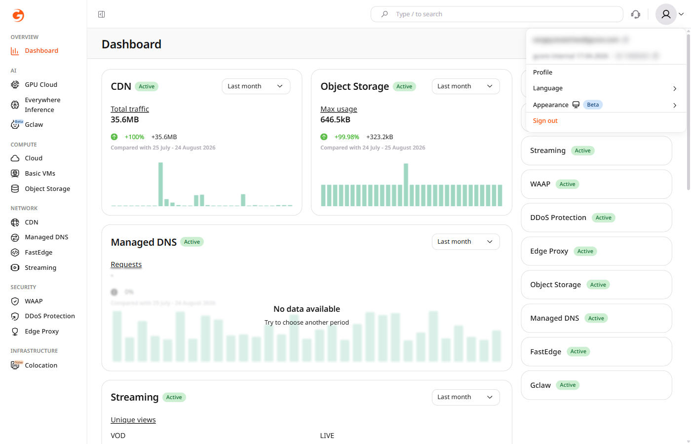 Dashboard page with the avatar dropdown open showing Profile, Language, Appearance, and Sign out