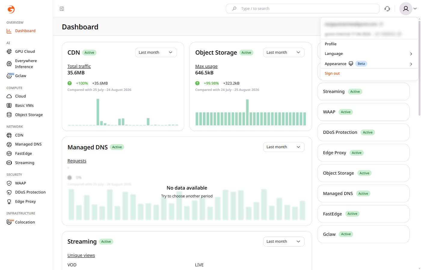 Dashboard page with the avatar dropdown open showing Profile, Language, Appearance, and Sign out