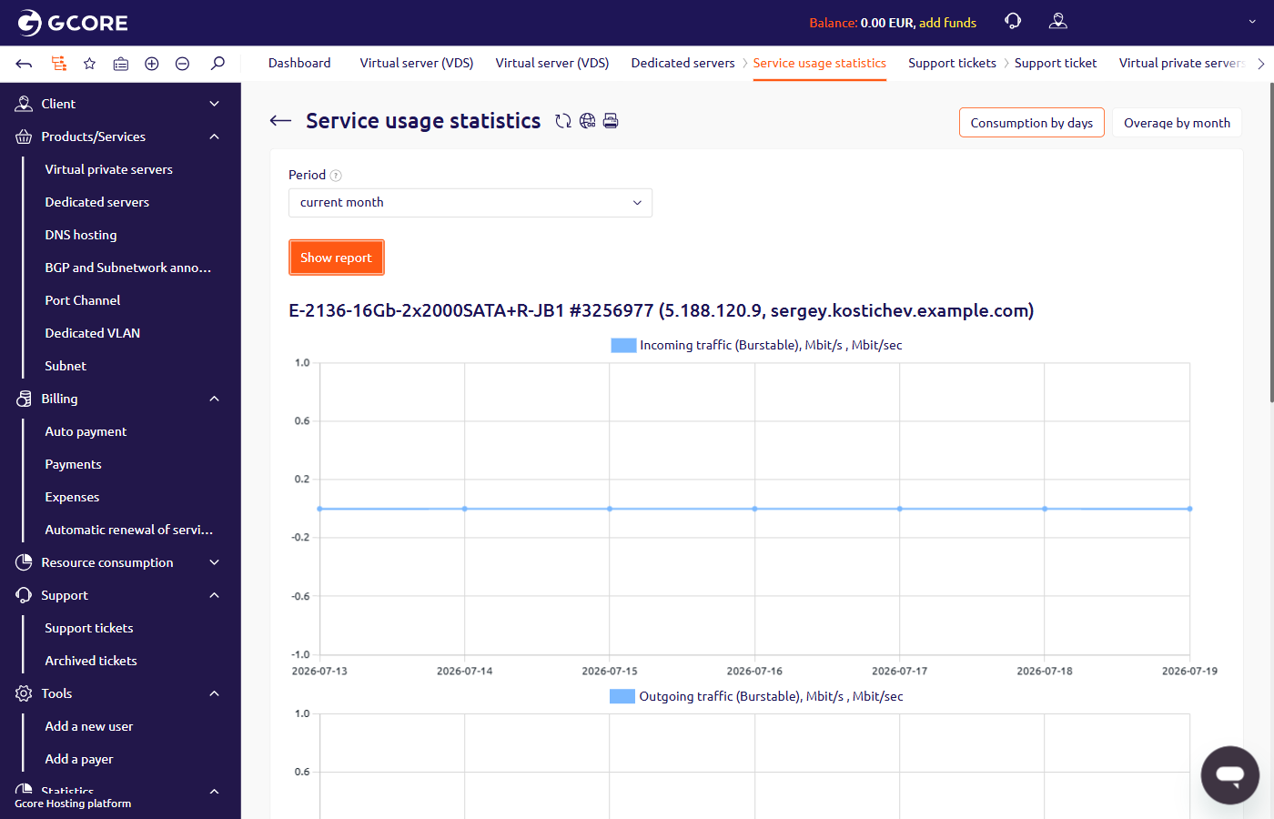 Service usage statistics page showing daily incoming and outgoing traffic charts