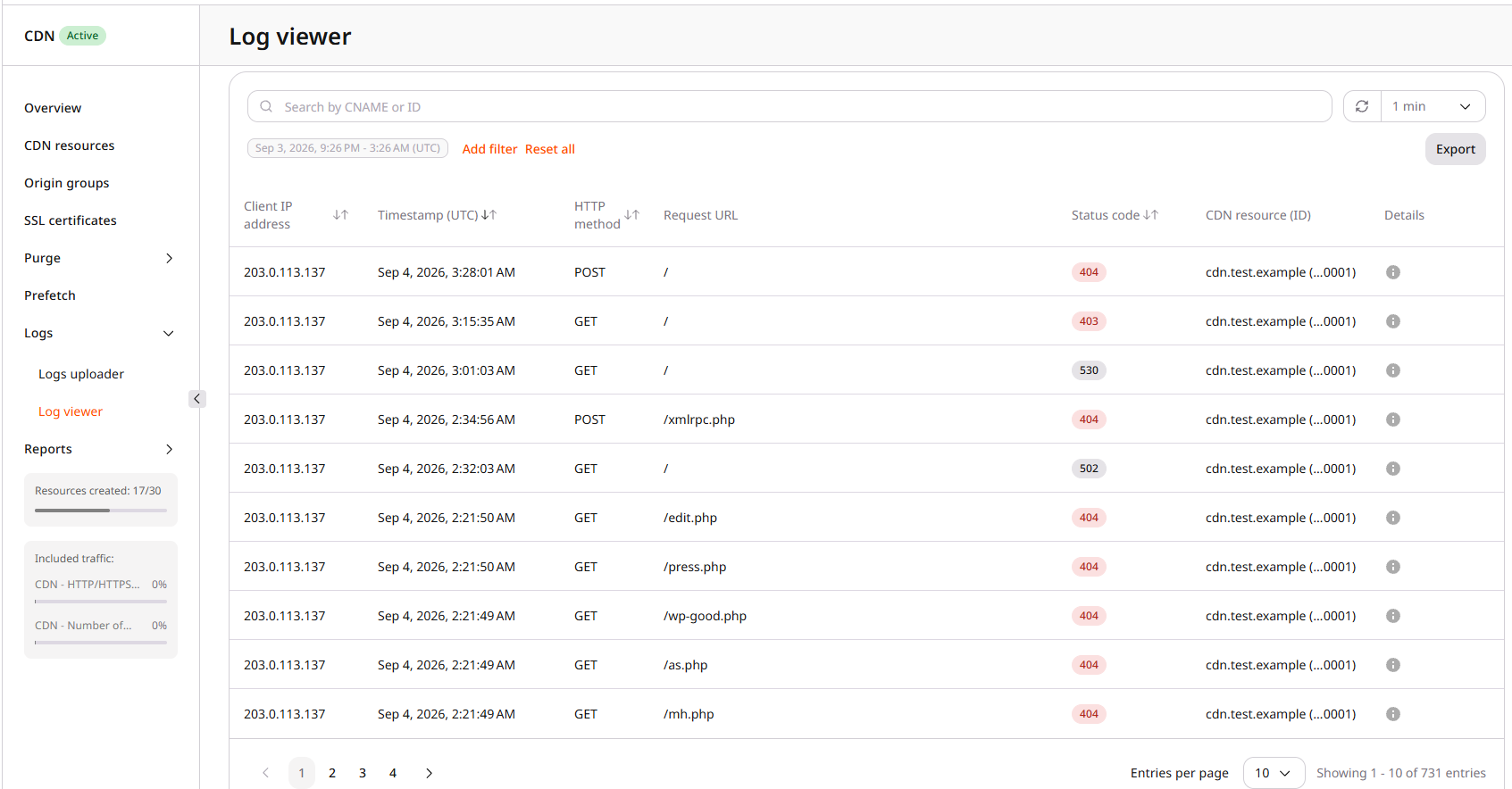 Log viewer table with the Status code column