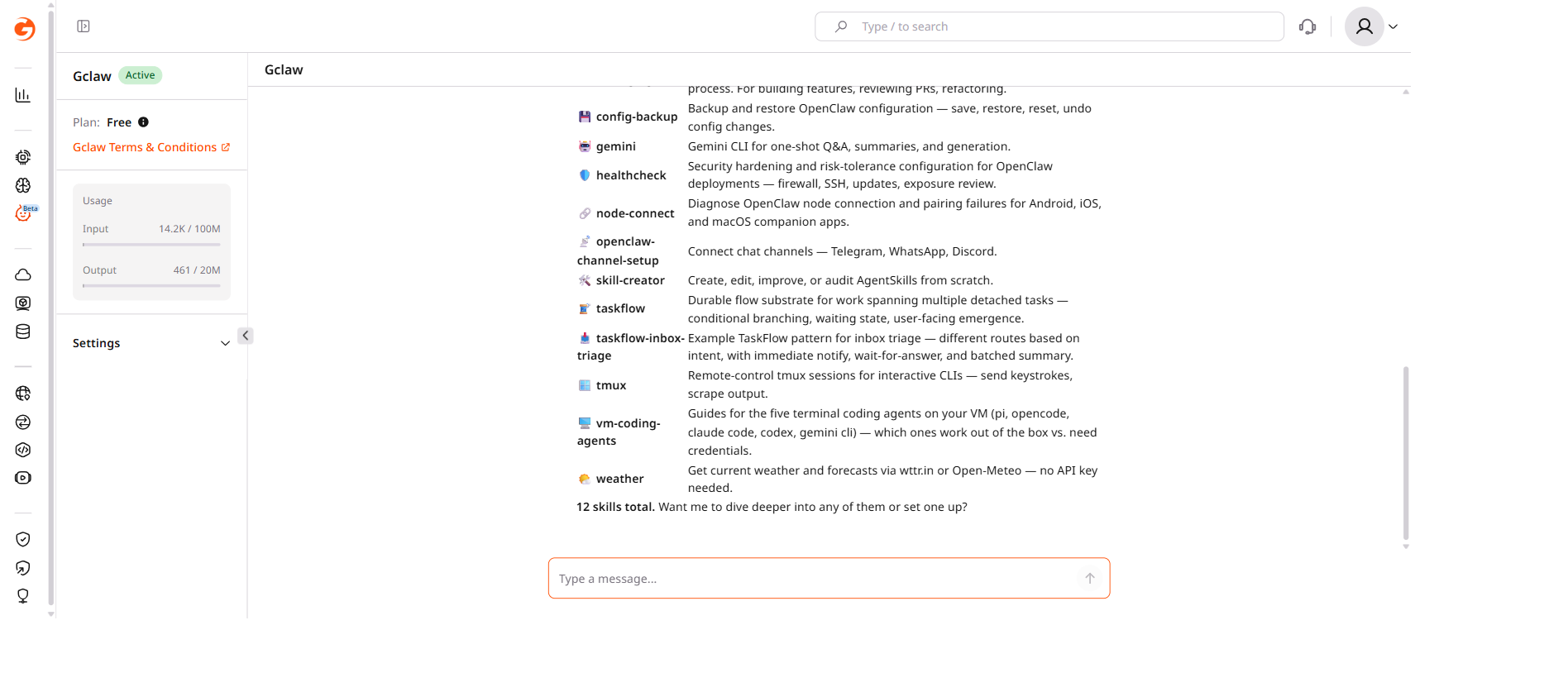 Gclaw chat listing available skills with descriptions