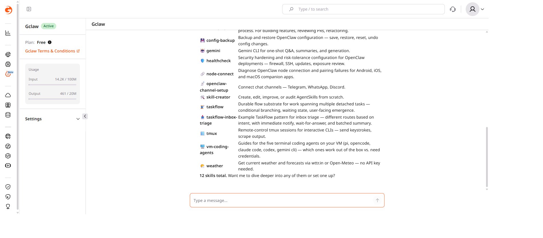 Gclaw chat listing available skills with descriptions