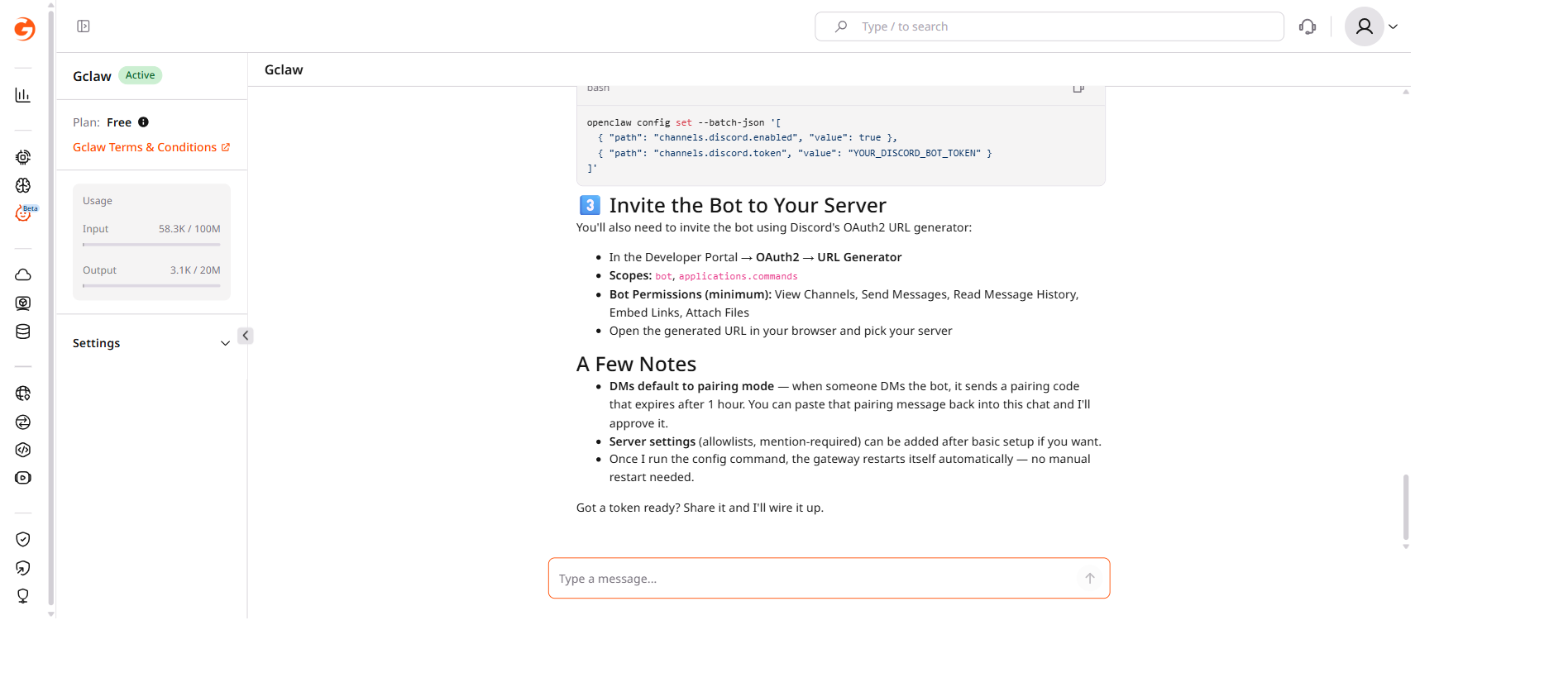 Gclaw chat showing Discord bot configuration commands and OAuth2 invitation steps