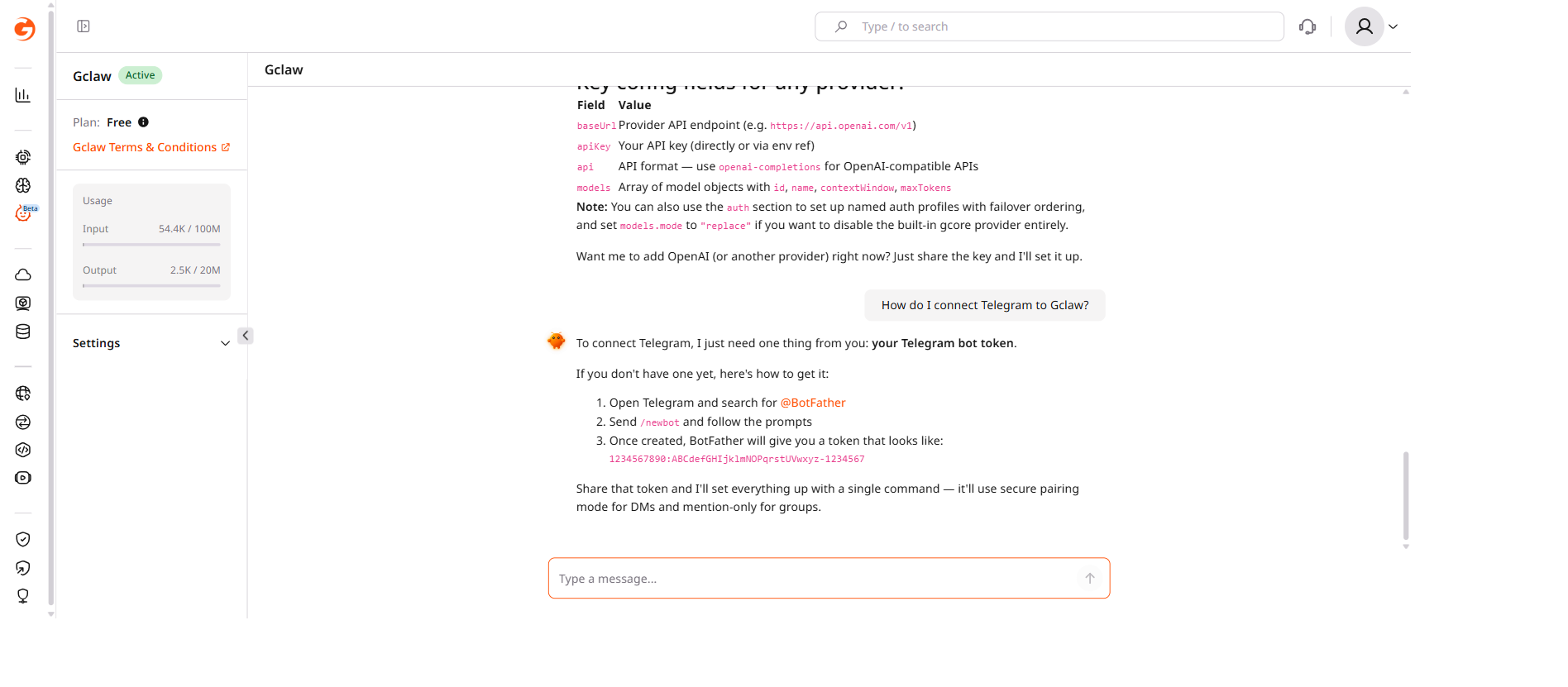 Gclaw chat showing Telegram bot token setup instructions and BotFather steps