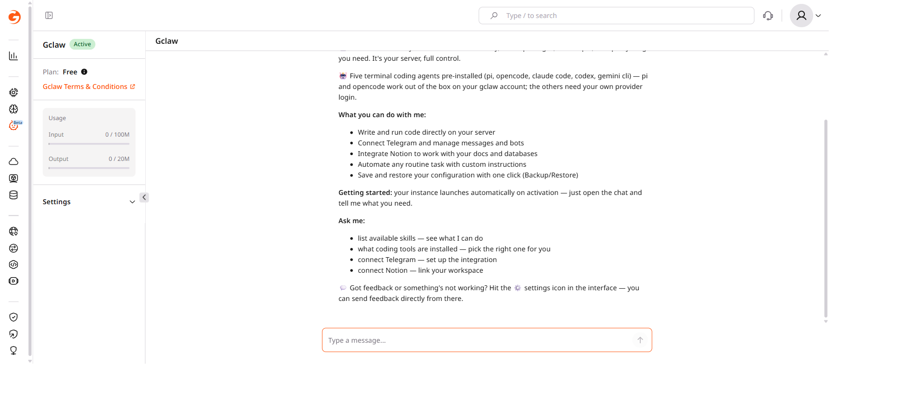 Gclaw chat interface in the Gcore Customer Portal with sidebar showing plan and usage