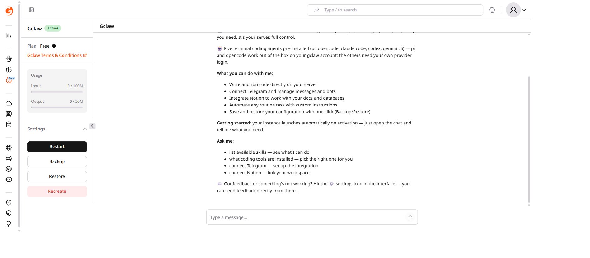 Gclaw Settings section expanded in the left sidebar showing Restart, Backup, Restore, and Recreate buttons