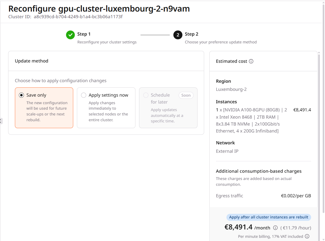Reconfigure cluster page step 2 showing update method options
