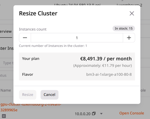 Resize cluster dialog with instance count controls