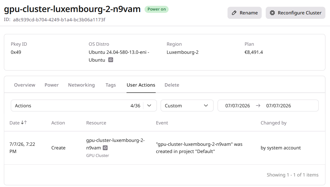 User Actions tab showing audit log of cluster operations