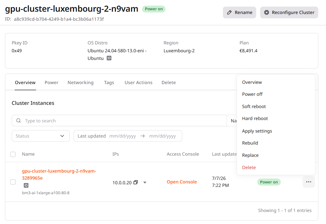Node actions menu showing power and management options
