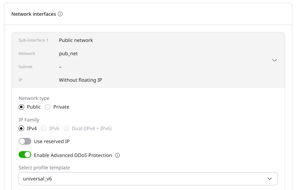 Network interfaces section with Enable Advanced DDoS Protection toggle on and profile template dropdown