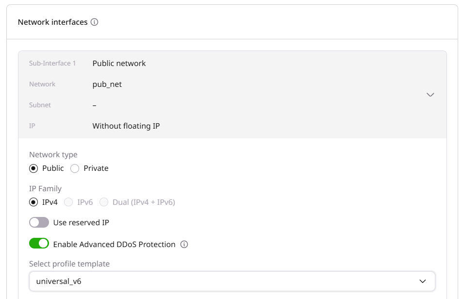 Network interfaces section with Enable Advanced DDoS Protection toggle on and profile template dropdown