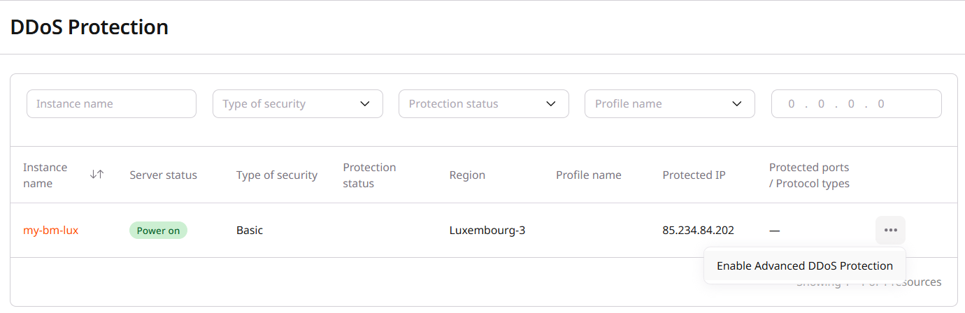 DDoS Protection list with Enable Advanced DDoS Protection option in the three-dot menu