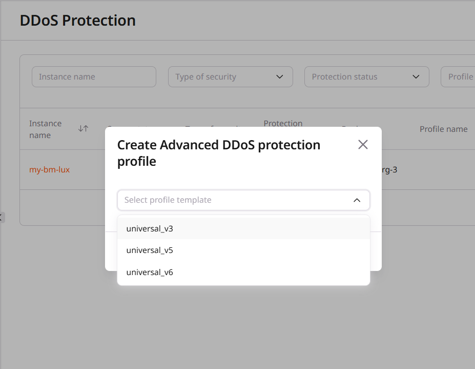 Create Advanced DDoS protection profile dialog with profile template dropdown open