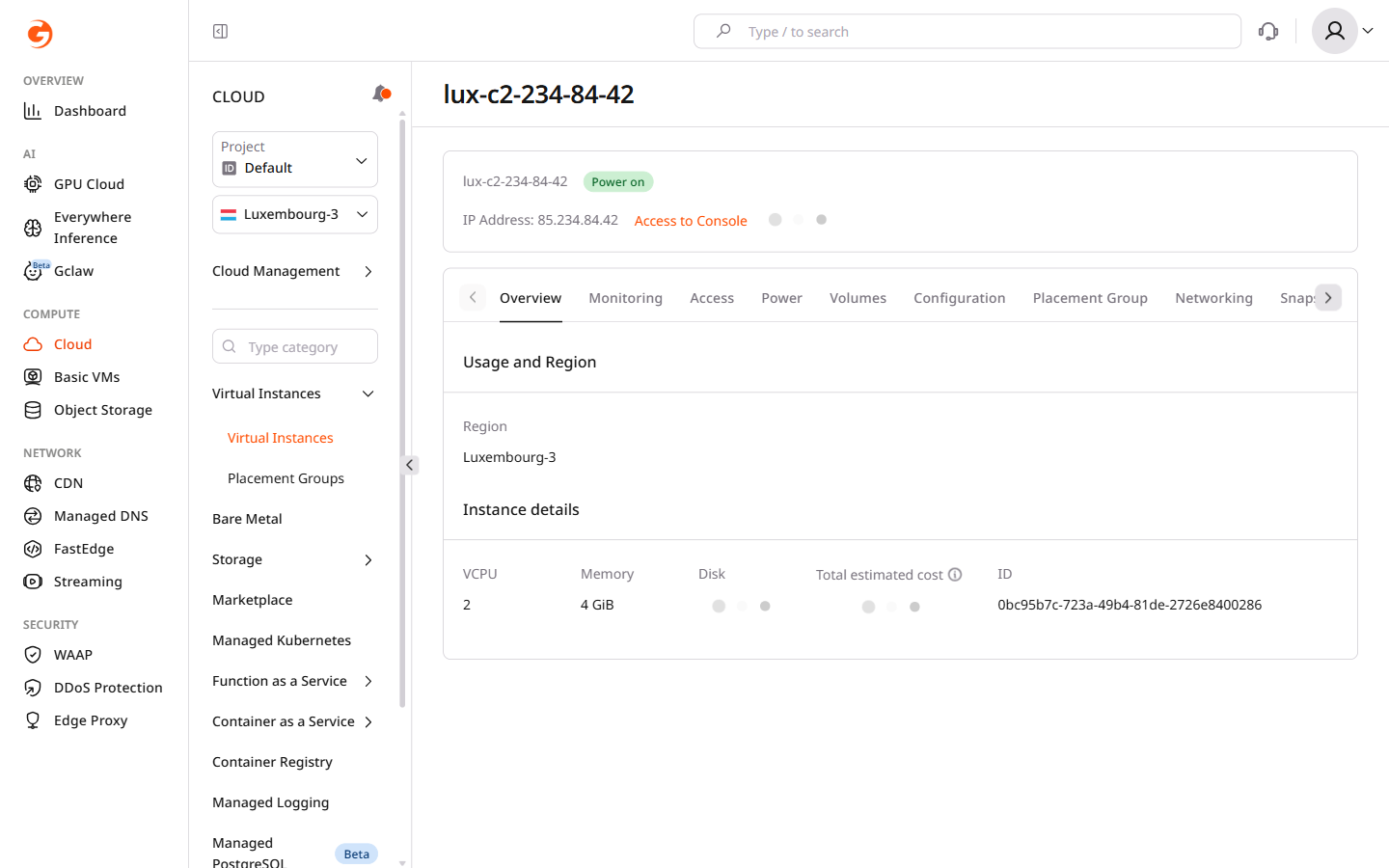 Server overview with Access to Console button and username@ip login string