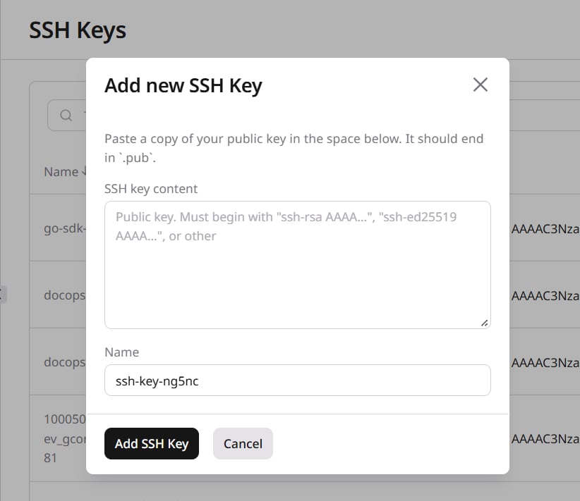 Add new SSH Key dialog with SSH key content and name fields