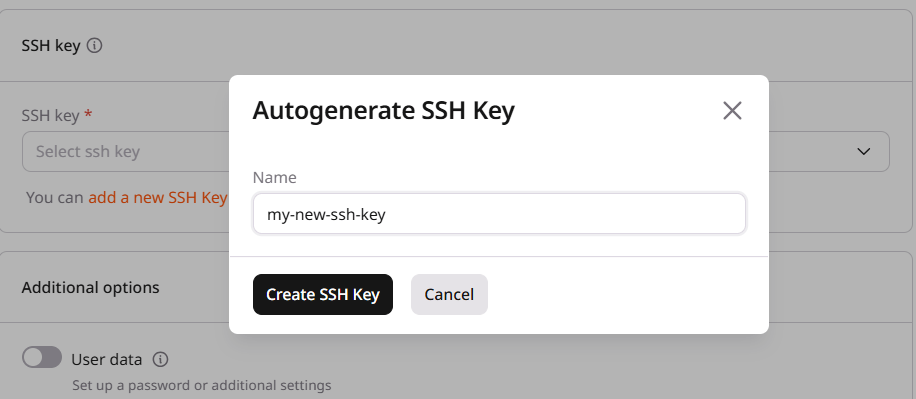 Autogenerate SSH Key dialog on the Create Bare Metal page